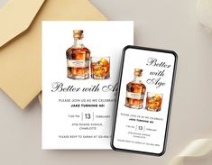 a bottle of whiskey next to a card with the message better with age on it