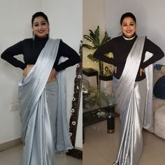 how to wear a saree in winter Saree With Top Blouse, Styling Saree With Tops, Saree With High Neck Sweater, Turtle Neck Saree, Saree With Turtle Neck Top, Saree With Sweater In Winter, Winter Saree Look, How To Wear Saree, Look Taller And Slimmer