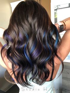 Purple Blue Highlights Black Hair, Brunette Colored Highlights, Colorful Hair Highlights Ideas, Blue And Purple Hair Highlights Brunettes, Colourful Hair Highlights, Balayage With Pops Of Color, Blue Under Highlights, Dark Hair Pop Of Color Ideas, Subtle Fun Colors In Hair