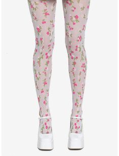 White & Pink Floral Sheer Tights Sheer Flower Tights, Mesh Flower Tights, Floral Mesh Socks, Funky Tights Aesthetic, Tights With Designs, Funky Tights, Yeri Mua, Cool Tights, Cold Drip