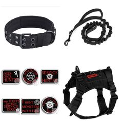 an assortment of dog collars and leashes with stickers on the front, two for dogs to wear