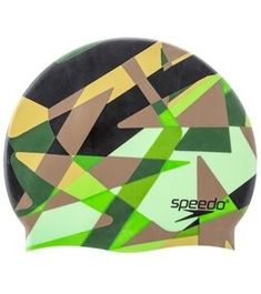 the speedo swim cap is designed to look like an abstract design with green, brown and