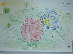 a child's drawing of a butterfly flying over a pink rose in a field