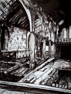 black and white drawing of an abandoned train station with graffiti on the walls, windows and doors