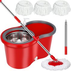 a red mop and bucket with cleaning supplies