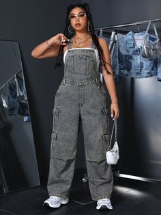 Plus Size Loose Fit Denim Bib Overalls With Multiple Pockets, Casual Everyday Wear Blue Casual  Sleeveless Denim Plain  Non-Stretch  Women Plus Clothing, size features are:Bust: ,Length: ,Sleeve Length: Denim Outfit Plus Size, Queer Fashion Women, Plus Size 90s Fashion, Jean Overall Outfits, Overall Fits, Cute Dungarees, Cargo Overalls, African Maternity Dresses, Plus Size Grunge