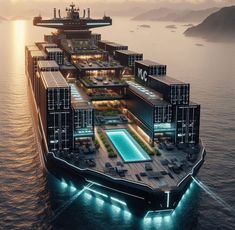 an aerial view of a floating hotel in the middle of the ocean at night time