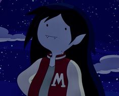 a cartoon character with long black hair wearing a red and white shirt, standing in front of the night sky