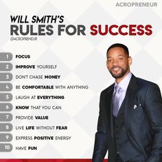 a man in a suit and tie standing next to a red background with the words, will smith's rules for success