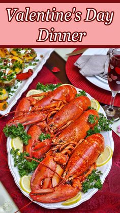 lobsters on a plate with lemon slices and parsley