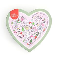 a heart shaped box with stickers on it