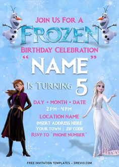 frozen birthday party flyer with an image of two people in winter clothes and the words,'name is turning 5 '