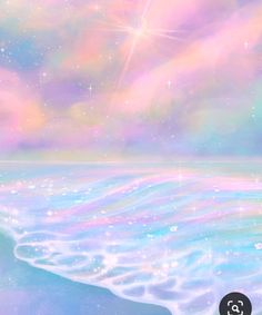 an ocean scene with stars and clouds in the sky, water waves on the beach