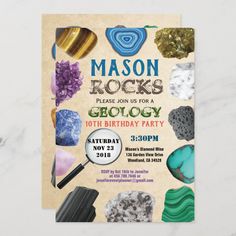 Geology Birthday Party Rocks Gemstones Crystals Invitation Size: 5" x 7". Gender: unisex. Age Group: adult. Material: Semi-Gloss. Rock Mining Birthday Party, Geology Birthday Party, Mining Birthday Party, 7th Birthday Boys, Fun Holiday Crafts, Crystal Rocks, Diamond Mine, Rustic Paper, Bday Invitations