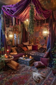 a living room filled with lots of colorful furniture and decor on top of a rug