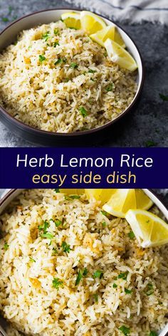 two bowls filled with rice and lemon slices