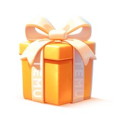 an orange gift box with a white bow and the word emu written on it