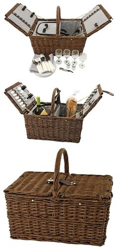 two wicker picnic baskets with utensils and drinks in them on white background