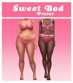 two women in pink bikinis standing next to each other with the words sweet bod preset