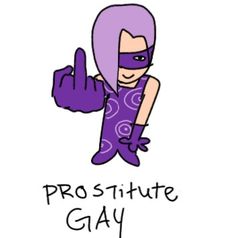 an image of a woman with purple hair giving the thumbs up and text prostitue gay