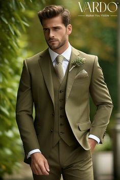 Khaki Suit Wedding, Green Three Piece Suit, Three Piece Suit Mens, Stylish Waistcoats, Mens Tailored Suits, Khaki Suit, Formal Attire For Men