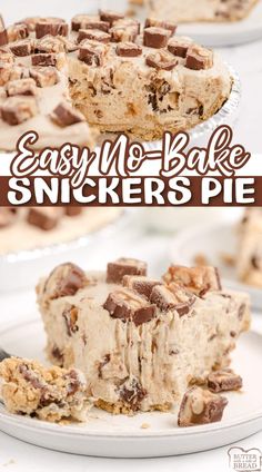 easy no bake snickkers pie on a white plate with text overlay