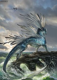 a blue dragon standing on top of a rock in the ocean with its wings spread