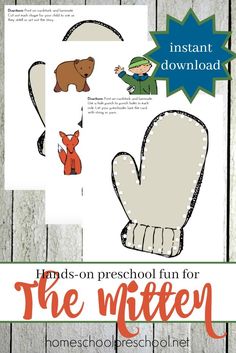 an oven mitt with the words, hands on preschool fun for the mitten