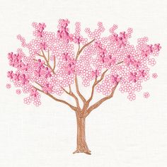 a pink tree with lots of flowers on it's branches is featured in this embroidery pattern