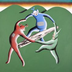 a painting depicting three people holding surfboards