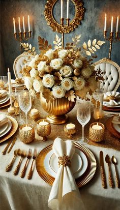 an elegant table setting with gold and white flowers