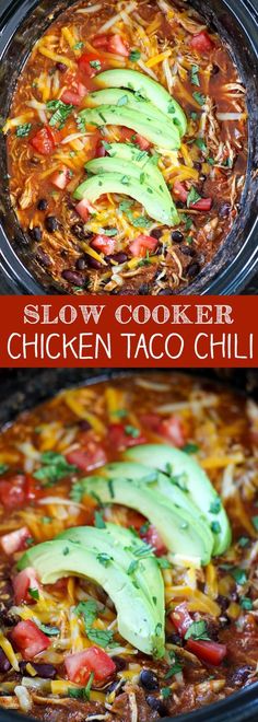 slow cooker chicken taco chili in a crock pot with avocado