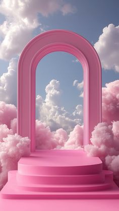 an arch in the sky with pink clouds surrounding it and steps leading up to it