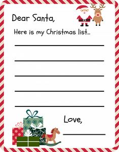 a christmas letter to santa with presents and reindeers on the front, in red and white