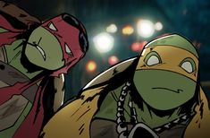 teenage mutant ninja turtles are in the dark with their heads turned to look like they're wearing bandanas