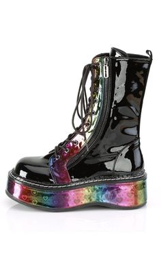 Here are a series of boots for true fans of the Chunk™. A thick platform to keep you comfy and tall as you stomp through the crowds. Vegan Black patent leather/ rainbow hologram 2 inch platform Calf boot Heart print Lace up Double zips Razor charms U.S sizing-refer to size chart for more info Rainbow Boots, Emo Boots, Hologram Shoes, Heart Platforms, Demonia Boots, Black Holographic, Alternative Shoes, Calf High Boots, Demonia Shoes