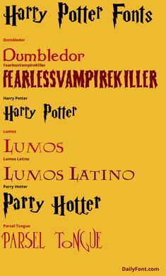 some type of font that is in different colors and sizes, including the name harry potter