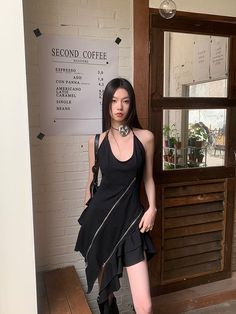 rave outfits Summer New Deconstructed Zipper Irregular Ruffled Black Halter Dress Niche Design Skirt Harajuku Dress, Asymmetrical Style, Design Skirt, Strap Dresses, Black Halter Dress, Black Halter, Niche Design, Women Maxi, Style Office