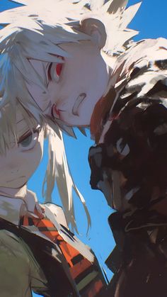 two people with white hair and red eyes are facing each other in front of a blue sky