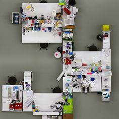 an overhead view of two tables with various objects on them