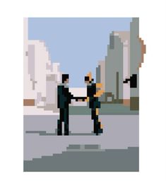 two people are shaking hands in the middle of an animated pixel art style scene with buildings and blue sky behind them