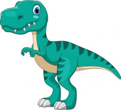 a cartoon dinosaur with big blue eyes and sharp teeth standing on one leg, looking to the side