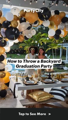 an outdoor graduation party with balloons and confetti