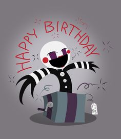 a happy birthday card with a creepy clown holding a gift box in front of it