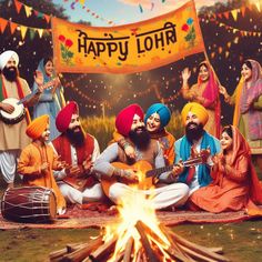 group of people sitting around a campfire with happy lohri banner in the background