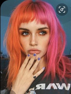 Orange Fringe Hair, Split Colour Hair, Orange Split Dyed Hair, Pink To Orange Hair, Split Dye Orange, Double Color Hair, Susie Core, Long Fringe Bangs, Orange And Pink Hair