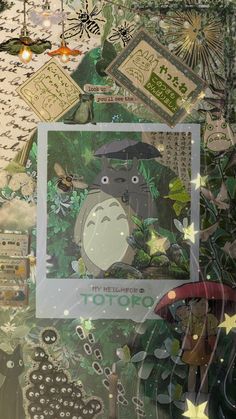 a collage of photos with totoro and other things in the background,