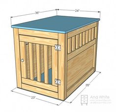 the plans for a dog crate are shown in blue and white, with measurements on each side