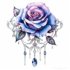 a drawing of a purple rose with leaves and jewels on it's back side