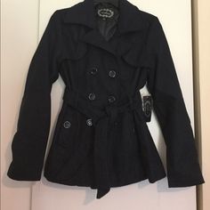 Nwt Women's Dark Navy Coat. Size Large But Fits Like A Medium Casual Fitted Peacoat With Button Closure, Fitted Casual Peacoat With Button Closure, Fitted Peacoat With Pockets For Spring, Casual Fitted Double-breasted Peacoat, Navy Peacoat For Spring, Navy Casual Fitted Peacoat, Casual Fitted Navy Peacoat, Casual Navy Fitted Peacoat, Fitted Casual Spring Peacoat